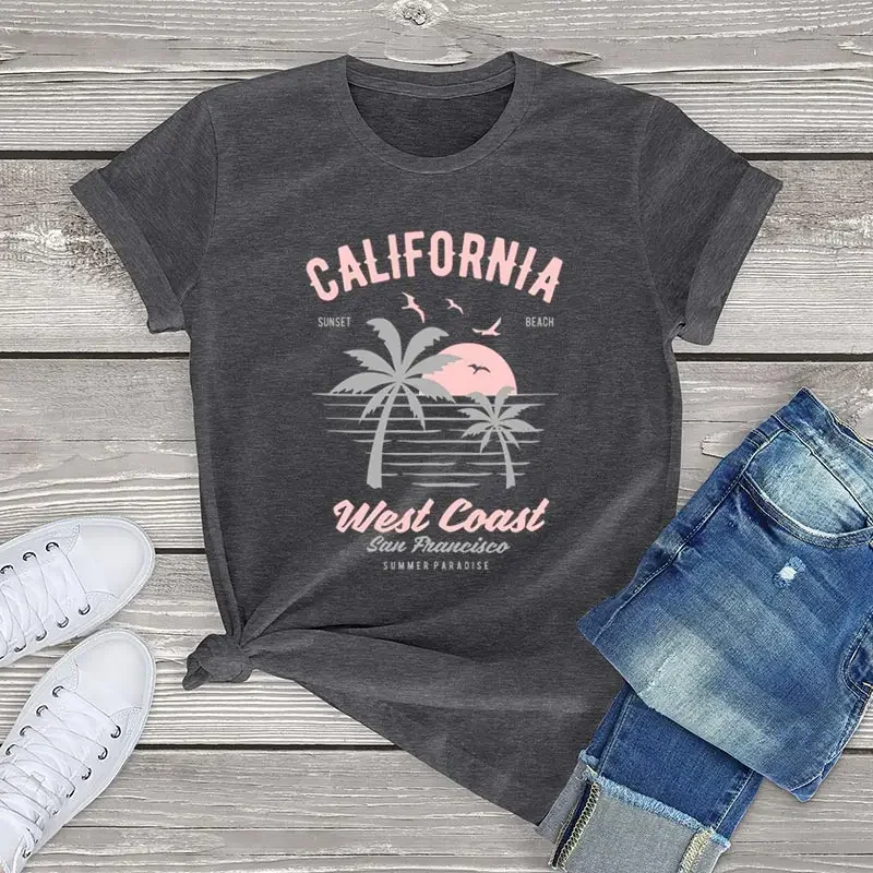 California West Coast Sunset and Beach T Shirt Women Clothing Summer Womens Short Sleeve Tee Cotton Streewear Clothes Tops