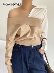 TWOTWINSTYLE Korean Shirt For Women Lapel Long Sleeve Colorblock Patchwork Knitting Blouse Female Summer Fashion 2023 Clothing