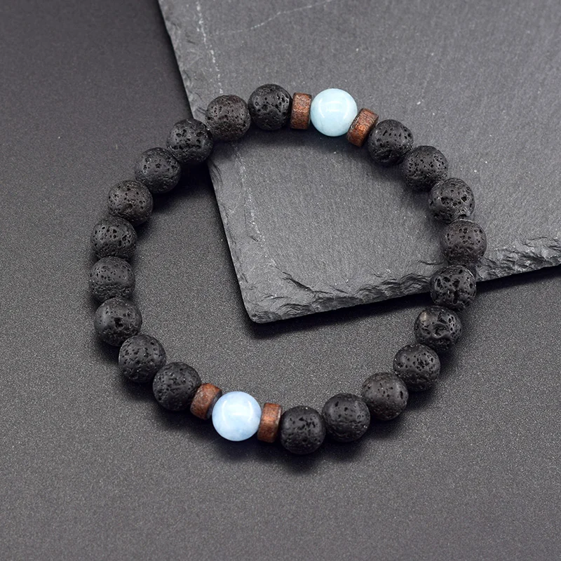 Natural Aquamarine Quartz Beads Bracelet Women Men Natural Volcanic Lava Bangle Tibetan Buddha Wristband Jewelry Gift for Lover