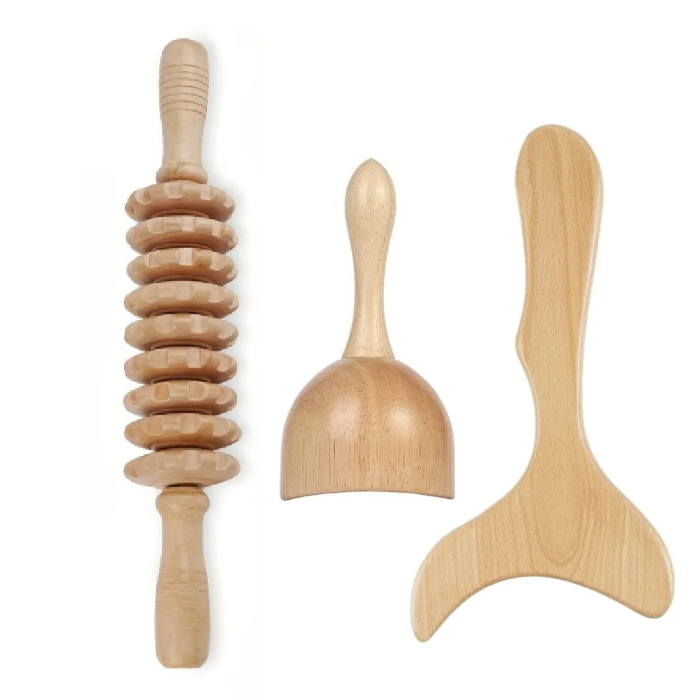 

3PCS Wooden Massage Roller Tool Set, Lymphatic Drainage Massager Kit, Manual Massage Tool for Body Massage Gua Sha Set
