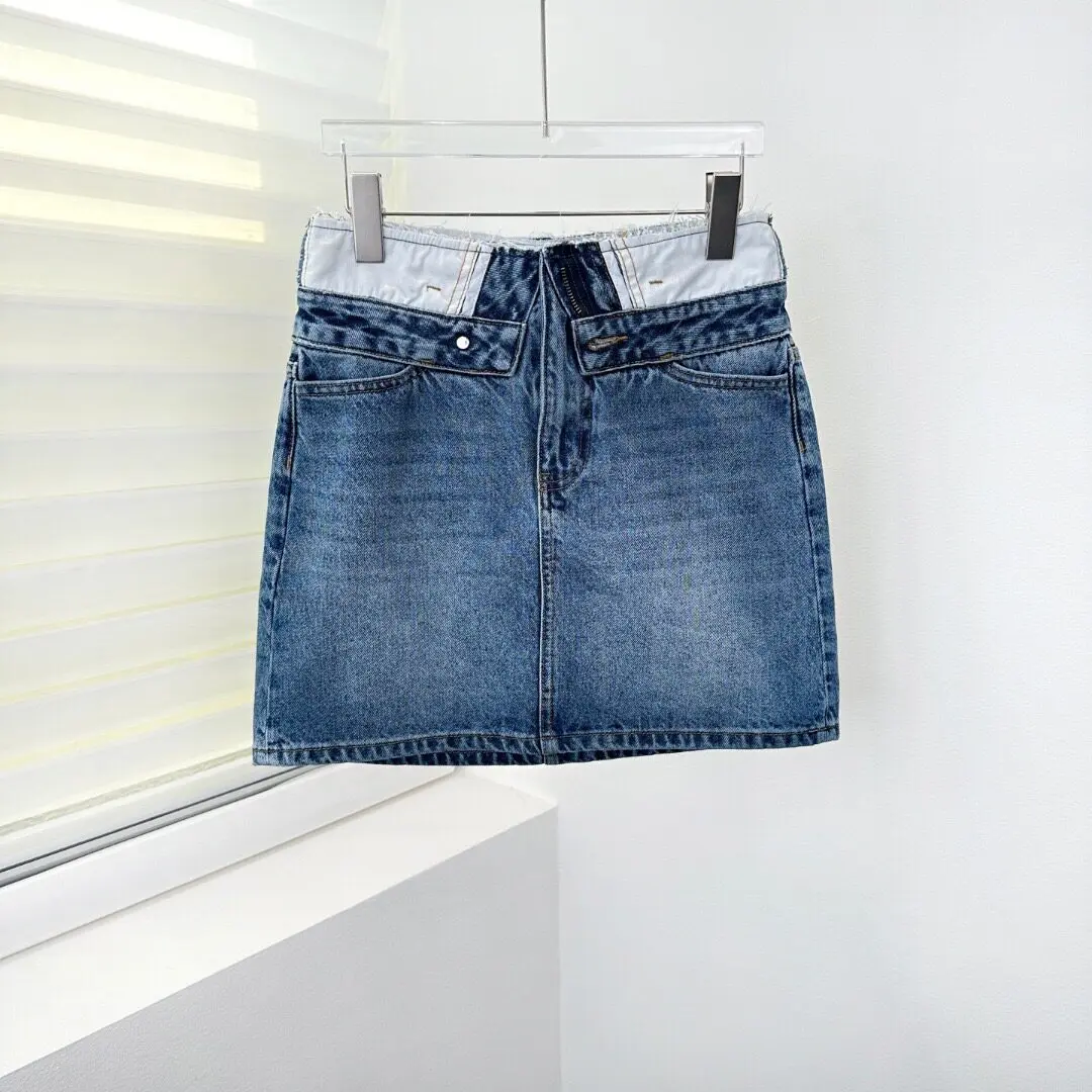 2026 Early Autumn New Retro Washed Distressed Blue Raw Hem Denim Skirt Women Turn-up Cuff A-Line Mini Skirts