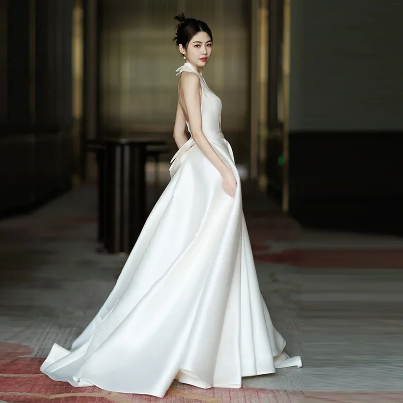 PJN NEW Halter Backless Wedding Dress Bride Luxury White Satin Reception Snapshot Dresses Women Formal Long Evening Party Dress