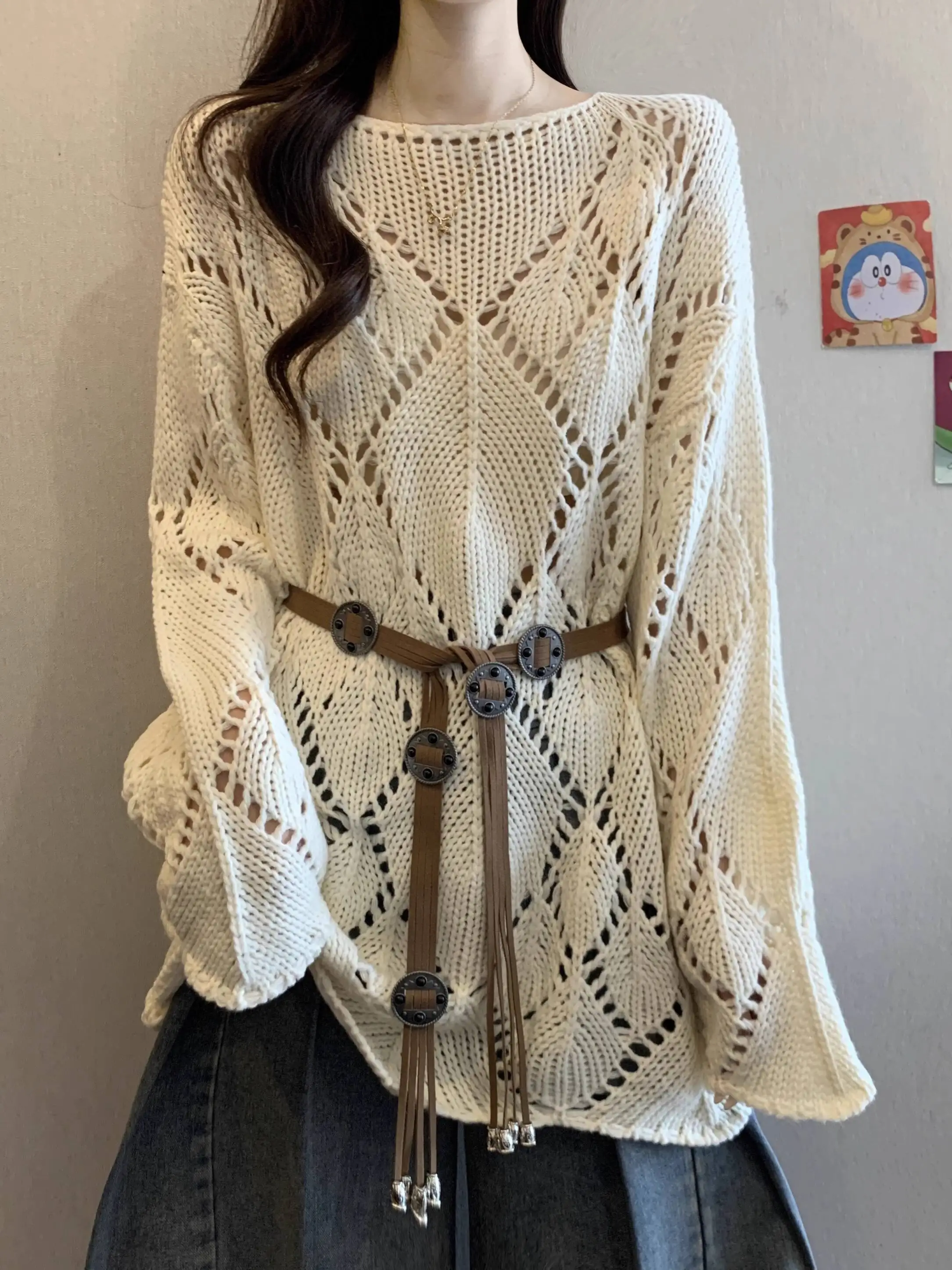 2025 Herfst Vrouwen Trui Plus Size Vrouwen Maillard Koffie Hol Lange Losse Gebreide Top Taille Cinching Slim Fit