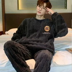 Pajama Men's Fall/Winter Thick Coral Velvet Warm Teen Student Plus Size Cartoon Flannel Homewear Set Cartoon and Comfortable