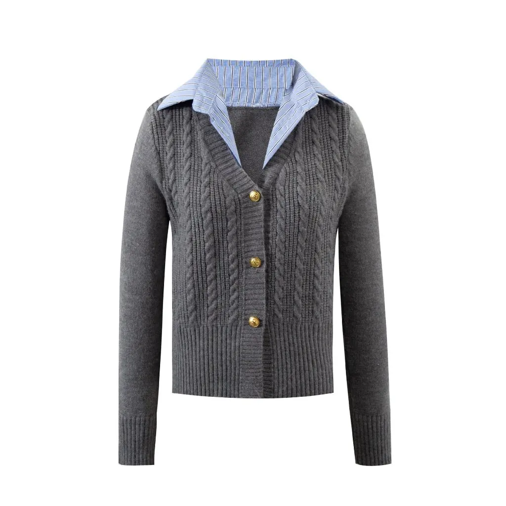 

Women's Striped Collar Stitching Sweater Long Sleeve Cardigan Coat Autumn Temperament College Style Fake Two-Piece