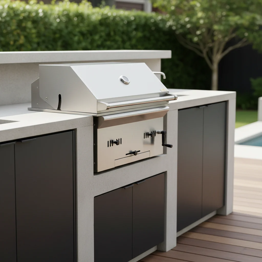 Premium 32-inch modern stainless steel charcoal grill, mechanical timer control, flame regulator, safe weatherproof design