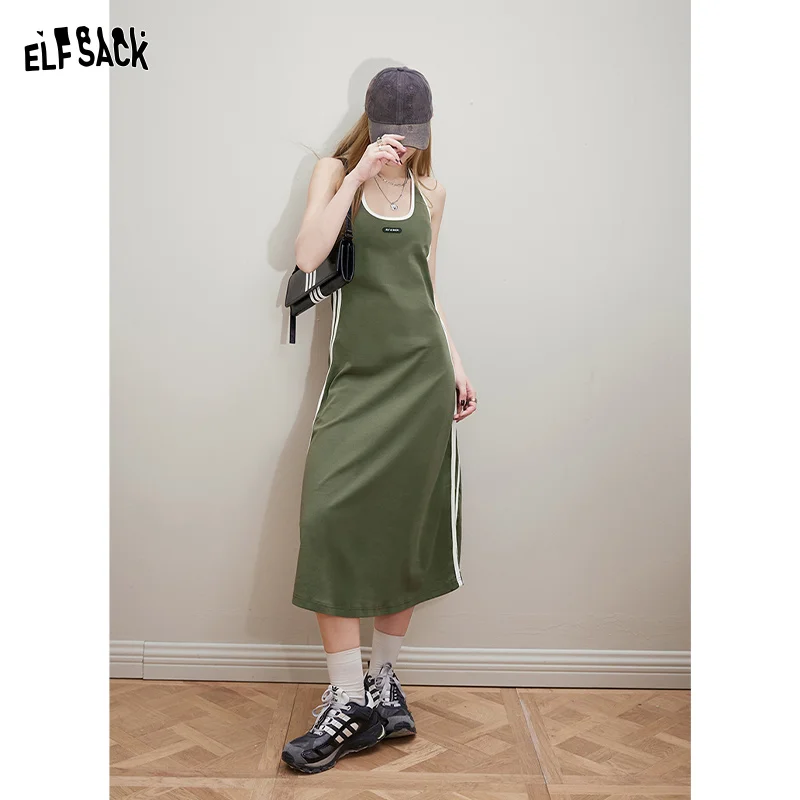 ELFSACK Sports style black suspender dress for women's spring 2024 new slimming hanging neck long skirt