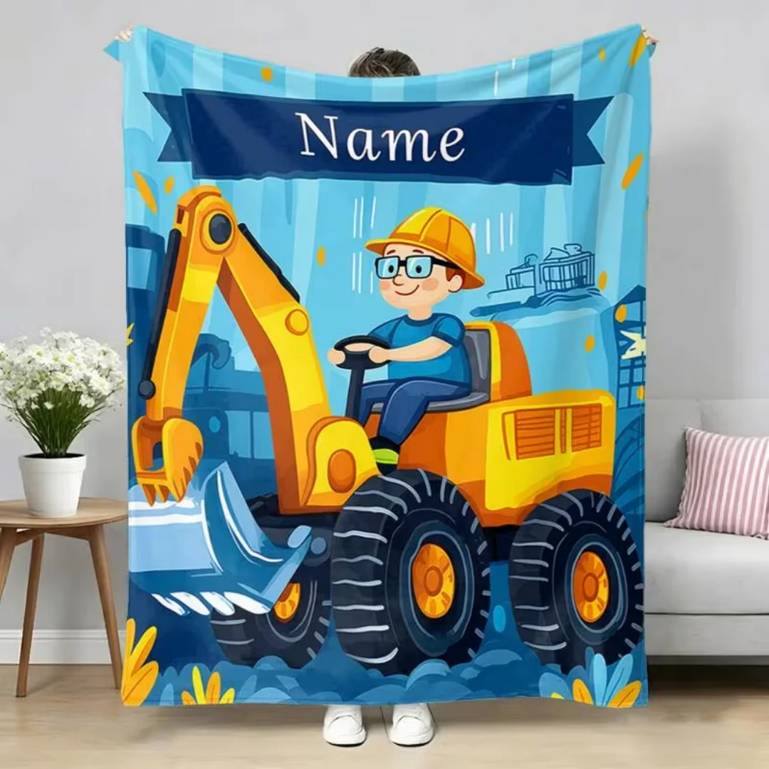 Personalized Custom Name Text Excavator Print Portable Flannel Blanket, Digital Print Throw Blanket for Sofa Bed Travel Camping