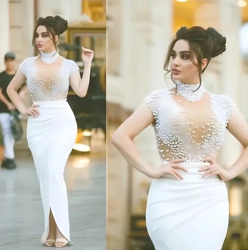 

Элегантные белые арабские вечерние платья с длинным высоким воротом и жемчугом, платье de festa, сексуальное вечернее платье 2025 года, вечернее платье русалки