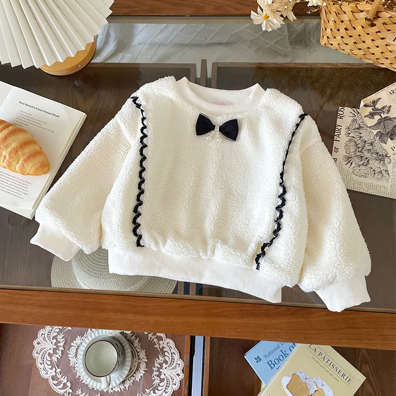 

2025 Winter Children 1-6Y Girl Sweatshirt Lamb Woolen Thick Warm Kid Baby Girl Hoodies Butterfly Bow Versatile Toddler Girl Tops