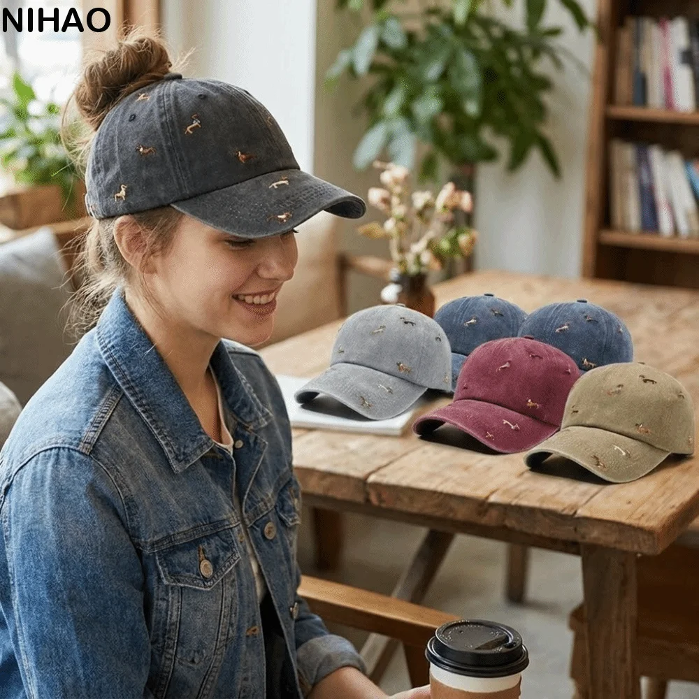 Washable Punk Embroidery Puppy Cap Washed Cotton Distressed Baseball Cap UV Protection Soft Duckbill Cap Outdoor Leisure