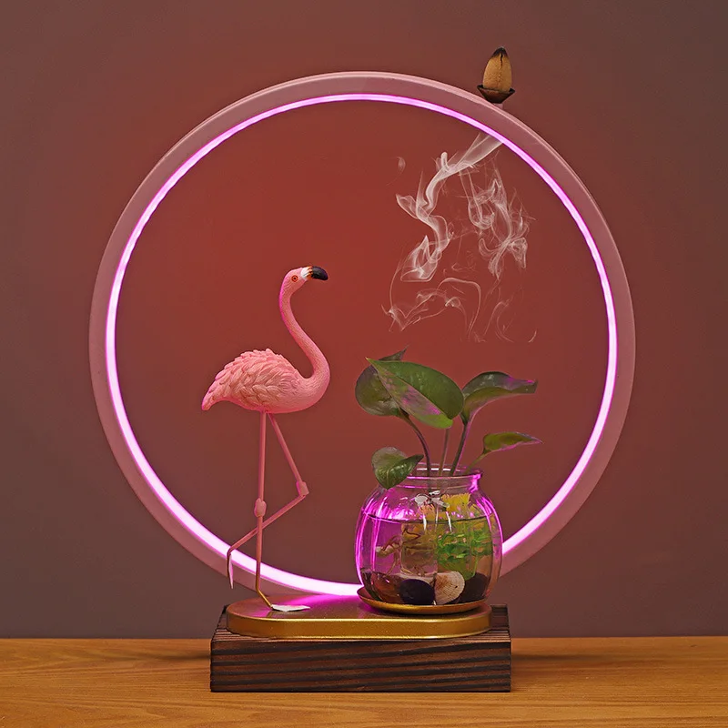 Roud USB LED Backflow Incense Romantic Flamingo Home Decor Night Light Wedding Ornaments Water Planting Vase