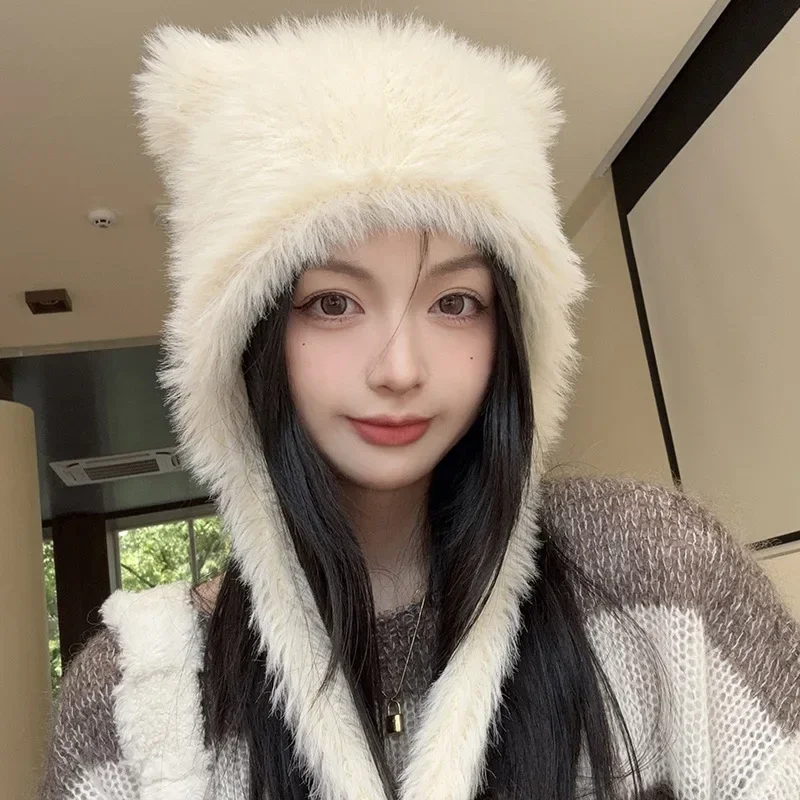 Autumn and Winter Soft Plush Cute Cat Ears Sweet Pullover Women's Hats Korean Casual Shopping Ear Protection Strap Beanies Cap