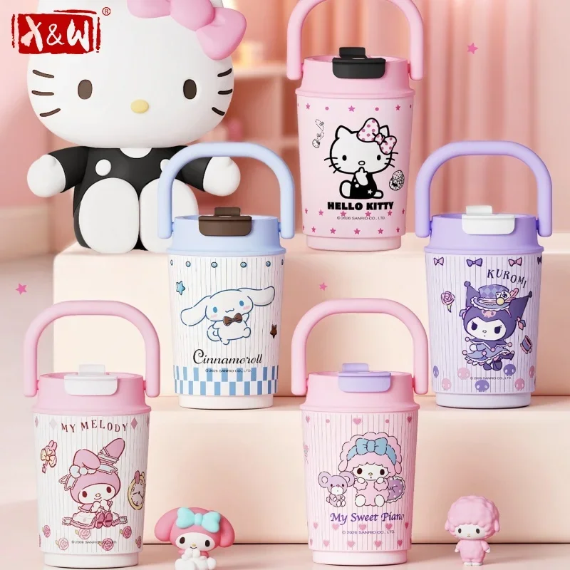 X&W Sanrio Hello Kitty Kuromi Insulated Tumbler SUS316L Thermos Cups with U-shaped Handle Cartoon Pocket Straw Cup for Milk Tea