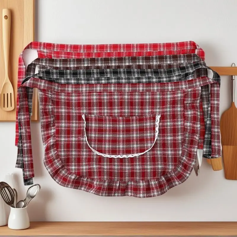 Avental Quadrado Xadrez de Meia Cintura em Algodão, Resistente a Manchas e Respirável, para Cozinha Doméstica e Trabalho, Acessório de Cozinha