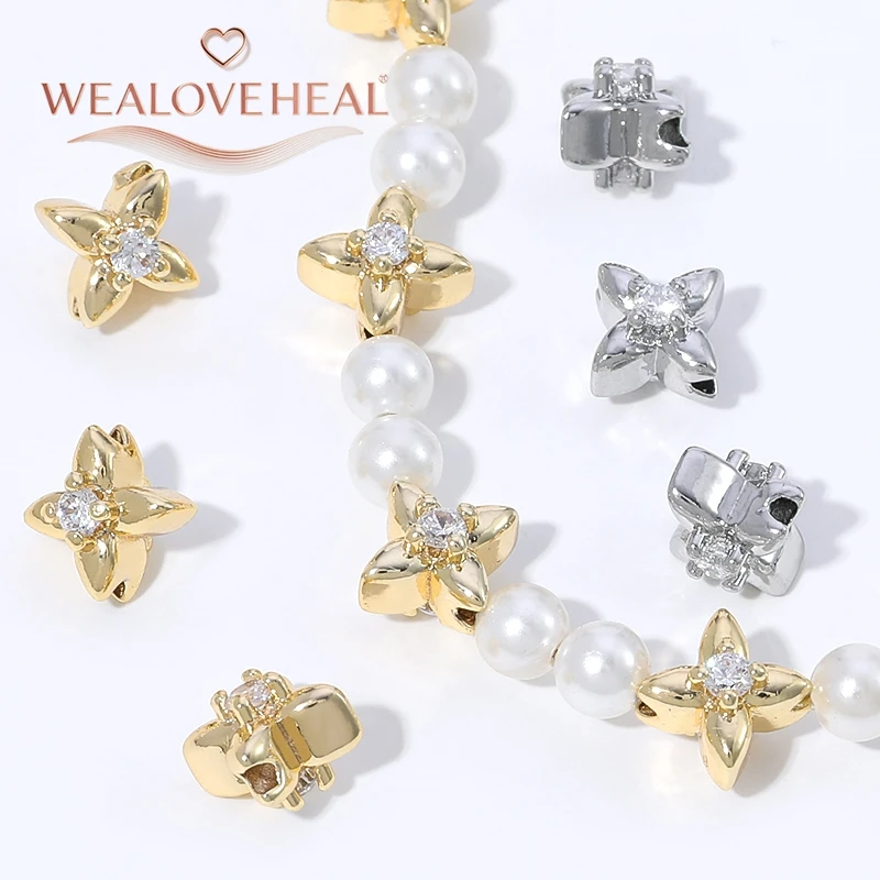 2/4 Stück 18K vergoldete Messing-Doppelseitige Zirkon-Vierblattklee-Abstandshalterperlen für DIY Armband- und Halsketten-Schmuckherstellung – Detail 15