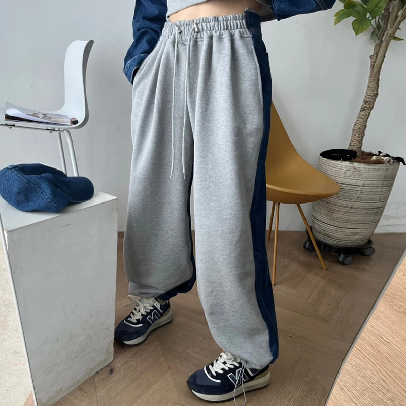 Super aen Korea Chic Herbst und Winter Nische Design elastische hohe Taille Kontrast nähte Denim weites Bein gerade Freizeit hose