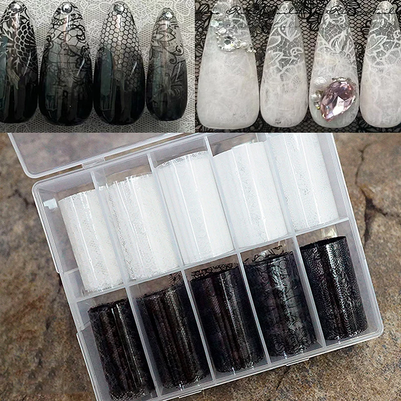 1/10 Rolle Elegante Schwarz-Weiße Spitzenblumen-Nageltransferfolien Fantasie Retro Blumenmuster Sternenhimmel Papieraufkleber Maniküre-Zubehör – Detail 3