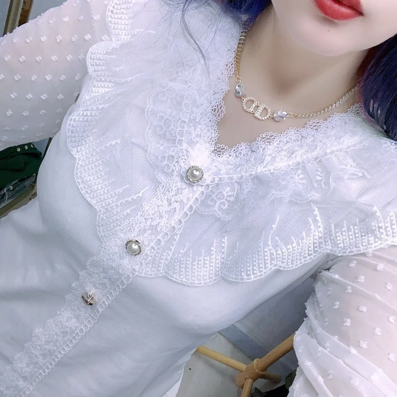 2023 New Spring Summer Tops Women Long Sleeve V Neck Single-breasted Slim Lace Ruffles Solid Color Korean Style Office Blouse