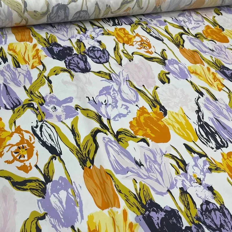 Tulip Flower Printed Poplin Cotton Fabric For Sew Women's Dress Blouse DIY Cloth Sewing Material Europe and America