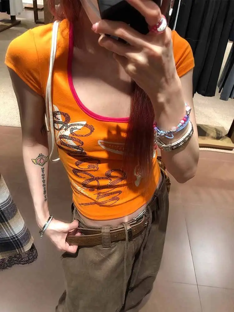 Sweet Spicy New Slimming Spicy Girl Short Top Dopamine Orange Starfish Printed Shoulder Short Sleeve T-shirt Women
