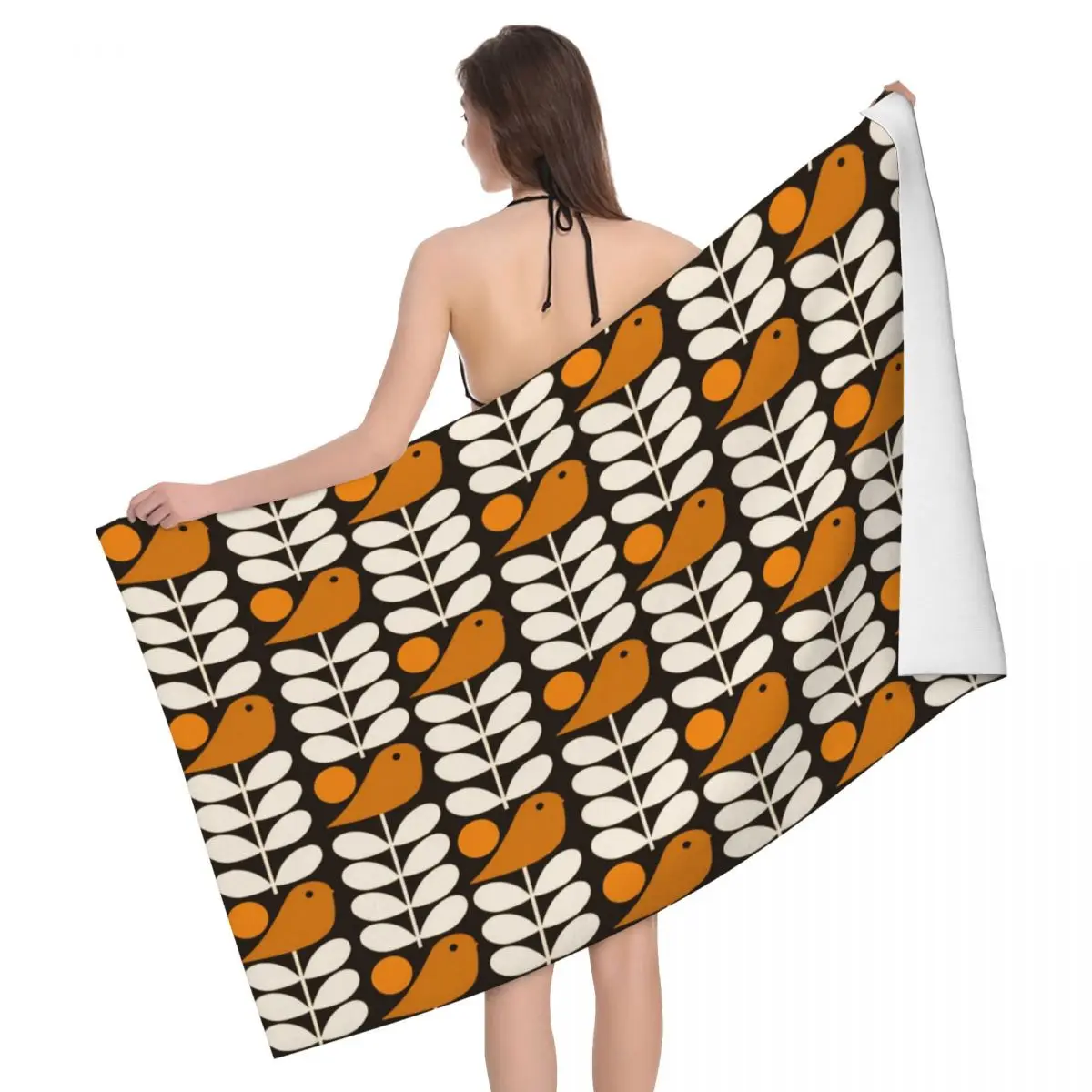 Multi Stem Birds Black White Orange Beach Towel Personalized Super Soft Microfiber Bath Towel Portable Sea Surf Poncho Women Men