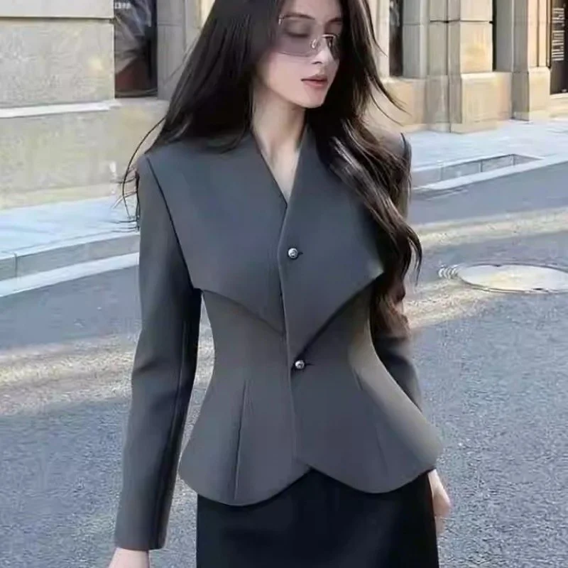 

Новый роскошный элитный блейзер, женский модный пиджак с v-образным вырезом, тонкая талия, длинный рукав, нерегулярный офисный женский костюм, пальто, однотонная верхняя одежда