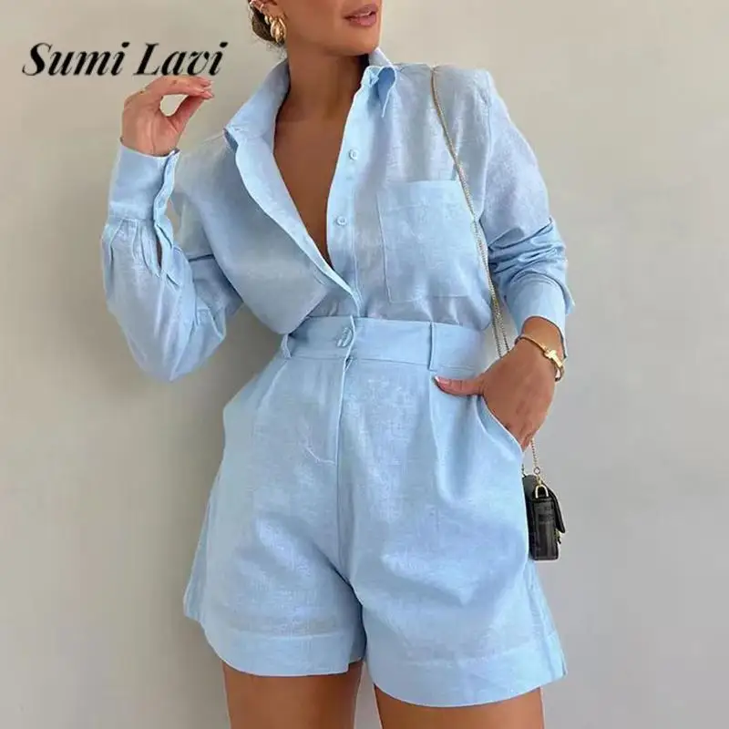 

Women Elegant Lapel Button Shirt Set Casual Long Sleeve Blouse & Short Pant Outfits Office Fashion Commuter Loose Solid 2Pc Suit