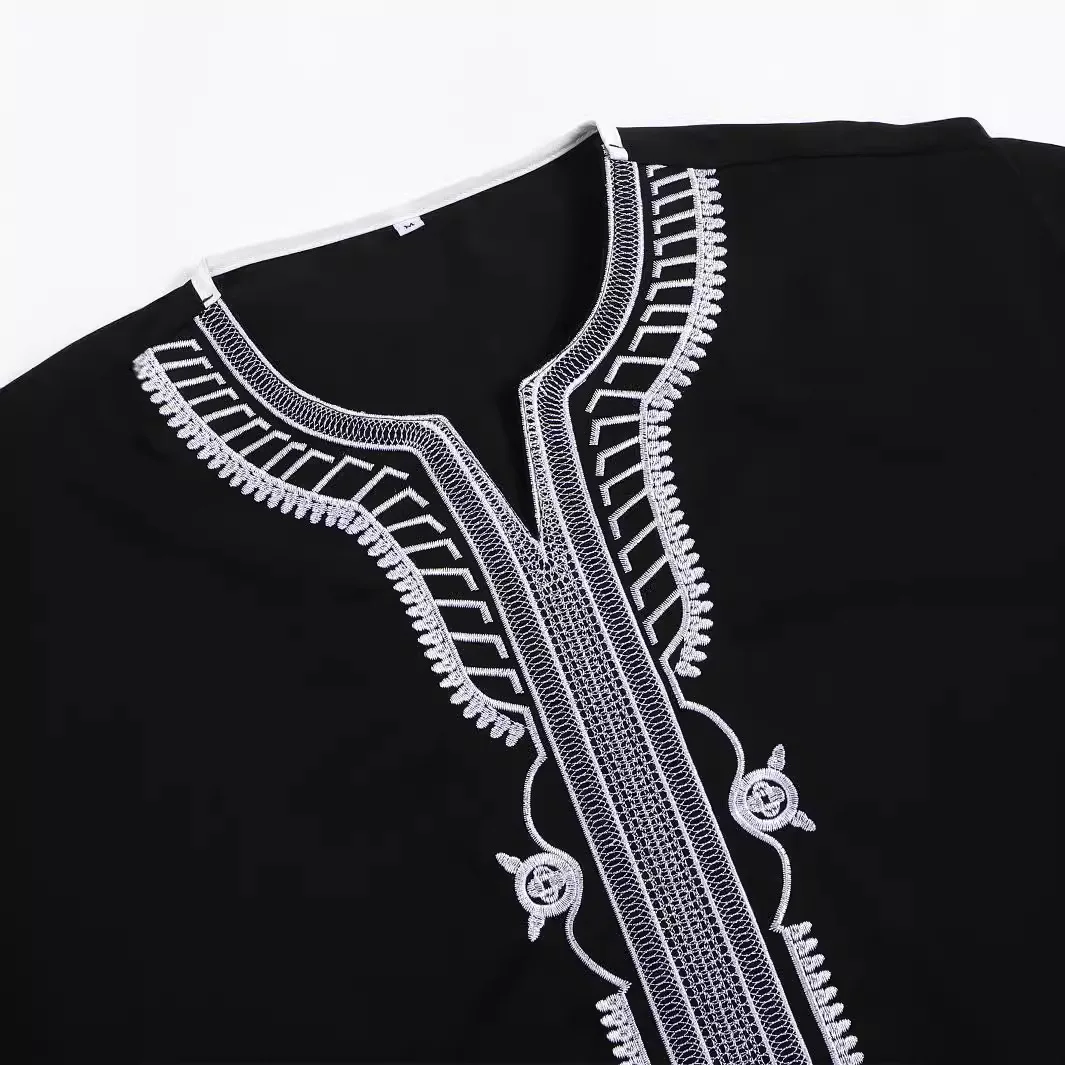 New in 2025! Men's Black Muslim Embroidered Robe, Casual Long Shirt Style, a Must-have for Youth