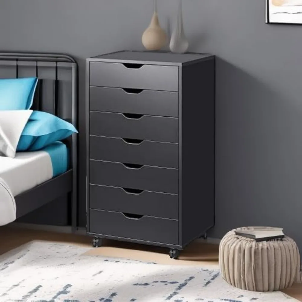 7-Drawer Wooden File Cabinet with Wheels, Black, Space-Saving Storage Solution for Home or Office
