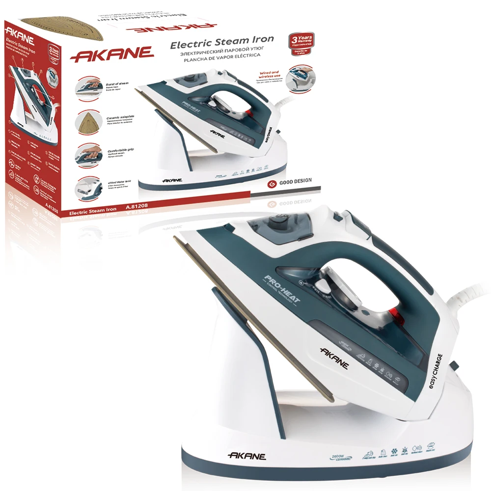 Plancha de vapor eléctrica de 2600W con suela de cerámica, vapor vertical, uso con cable e inalámbrico.