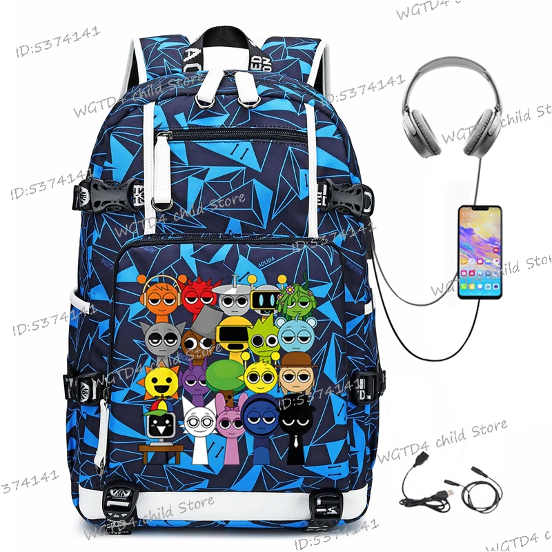 New Travel Backpack for Men Women Sprunki Incredibox Game Fashion USB Charging School Bag Cartoon Game Pattern Mochila Hombre