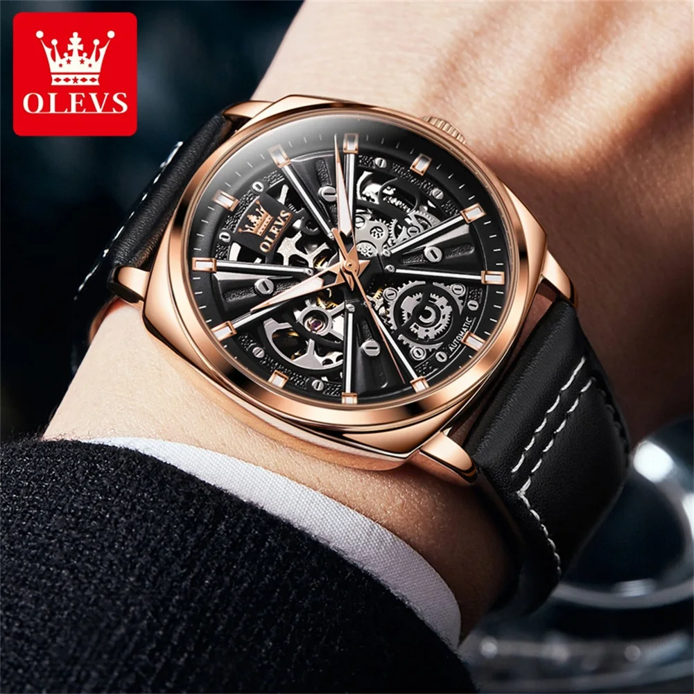 OLEVS 6685 Hollow out Mechanical Men Automatic Watch Leather Top Brand Stainless Steel Waterproof Luminous Men Formal Watch Relo