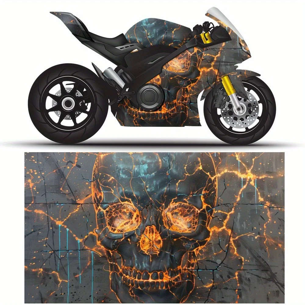 

Electric Skull with Orange Spark Motorcycle Vinyl Wrap, Waterproof Removable Decal Sticker, Universal Fit for Motorbikes, Durabl