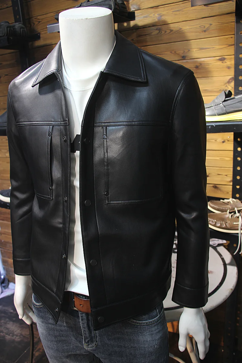 

Faionable Motorcycle Sle Men's Leather Jaet Autumn Wear Slim Fit Casual Youthful PU Leather Coat Single Button Design