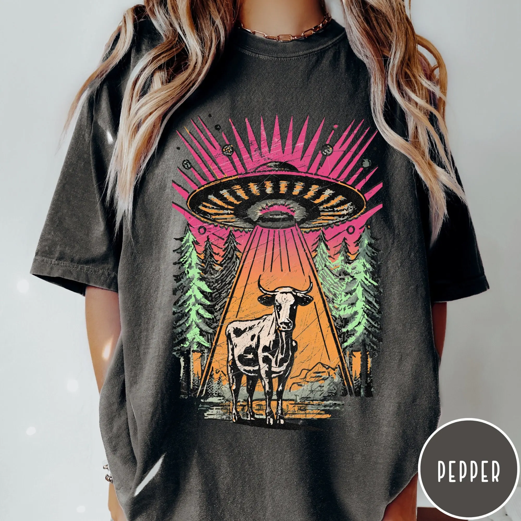 

UFO Cow Abduction T Shirt Funny Vintage Retro Alien Comfort Colors Paranormal Oversized Aesthetic