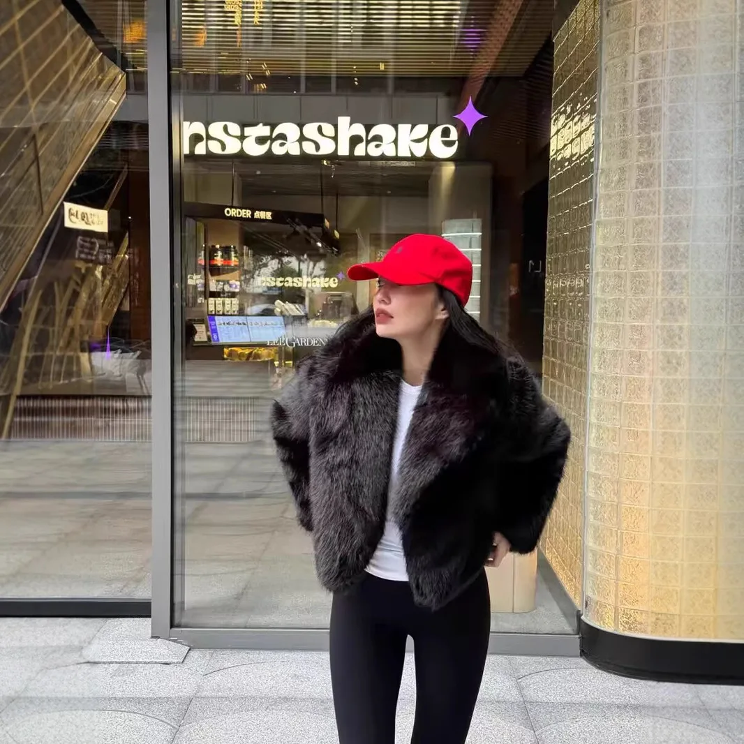 KIDCRKJ, abrigo de piel corto de invierno para mujer, cuello esponjoso, prendas de vestir gruesas de piel Artificial para mujer, chaqueta cómoda de piel sintética para mujer