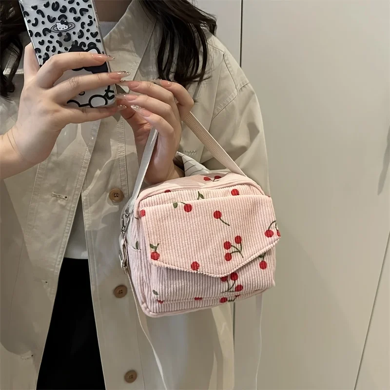 Cute Cherry Print Crossbody Bag, Versatile Corduroy Small Square Bag for Outings, Portable Handbag, Shoulder Bag, Christmas Holiday Gift for Wife or Girlfriend, Storage Bag image 5