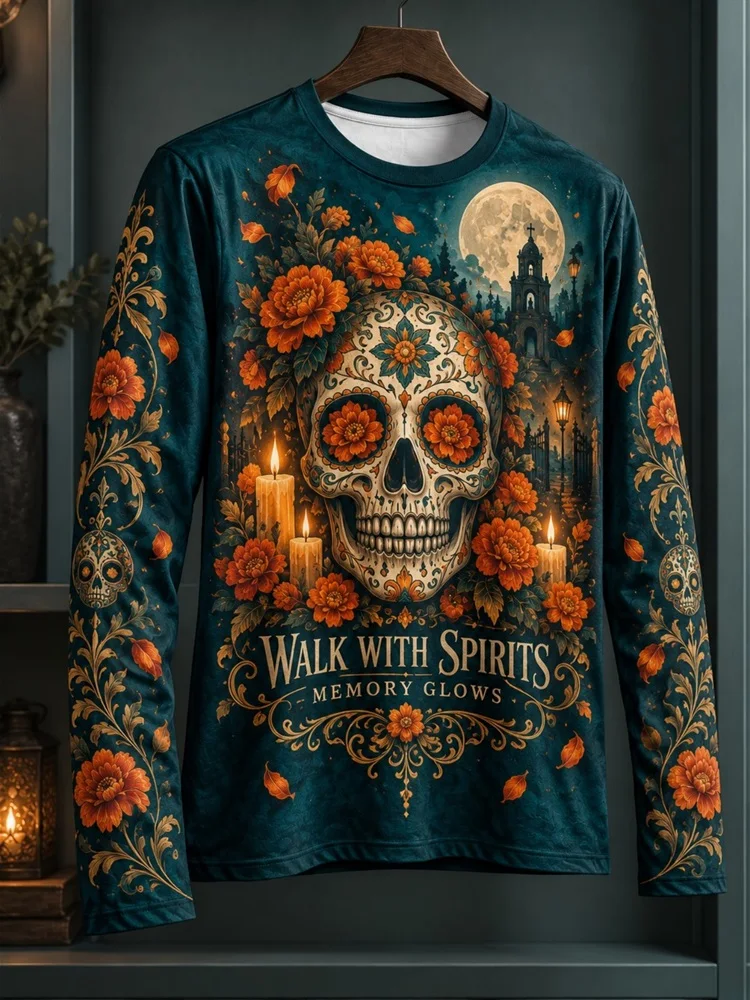 Men's Day of the Dead Sugar Skull Long Sleeve T-Shirt Marigold Candle Moon Walk With Spirits Graphic Tee Pullover Tops Gift