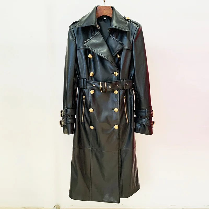 2025 Autumn/Winter New Star Fashion Style Double Breasted Belt Leather Extended Windbreaker Coat