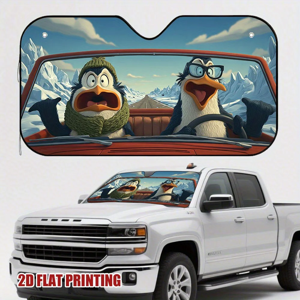 1pc Penguins Driving On Icy Road Trip Unique Design Car Sun Shade, Suited For Various Driver Needs, Enhances Interior Comfort