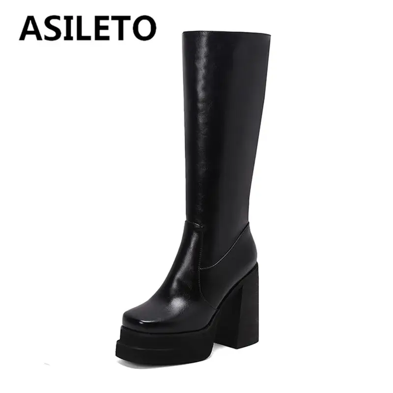 ORCHA LISA Women's Knee High Riding Boots Square Toe 12cm Chunky Heel 4cm Double Platform Zipper Big Size 42-43 Fashion Dating