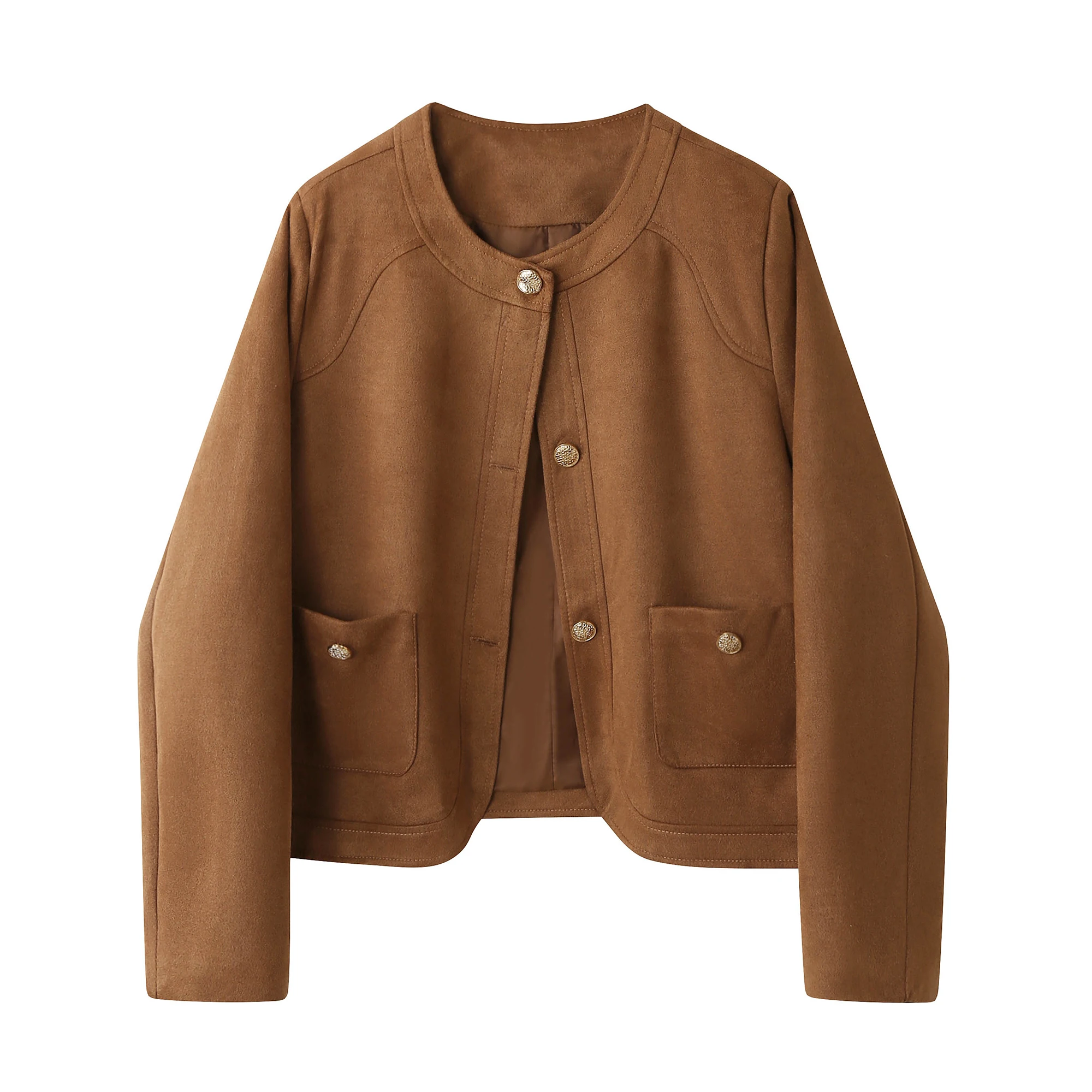 Elegancka zamszowa kurtka damska na jesień, okrągły dekolt, zapinana na guziki, wyszczuplająca, uniwersalna, metalowa, niebieska, okrągły dekolt, top.