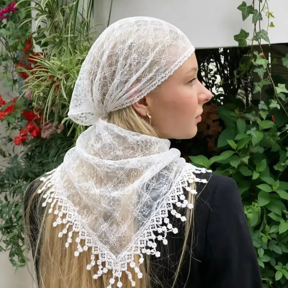 Boho-Spitzen-Triangel-Schal mit Quasten, bestickte, einfarbige Schals, Schleier, modisches Kopftuch, Hochzeitsschals, Gebets-Hijab für Damen