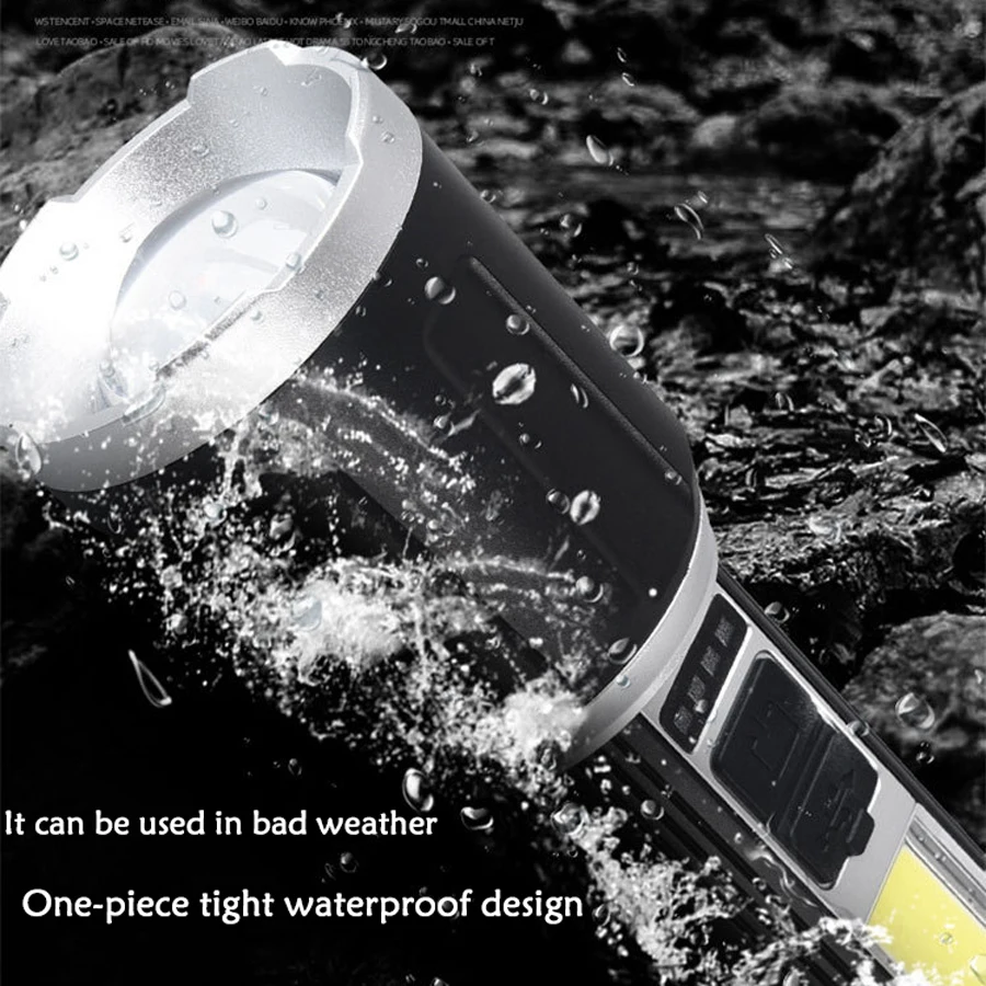 T6 LED Bright Flashlight Tactical Zoom Torch with COB Side Light Built-in Battery Rechargeable Waterproof Lamp Portable Lantern