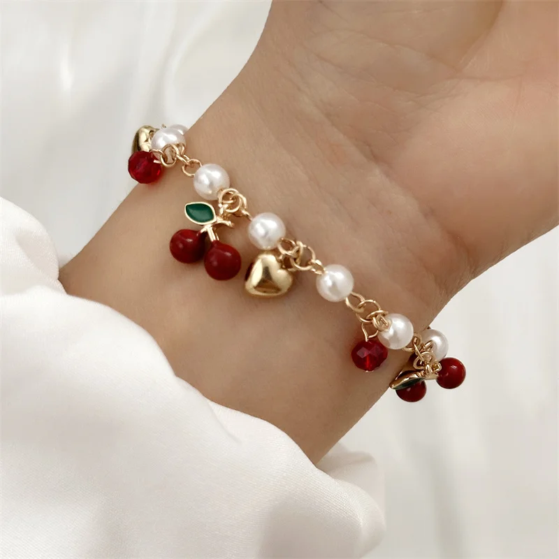 Sweet Cute Red Strawberry Cherry Heart Pearl Charm Bracelet New Fashion Y2K Fruit Gold Color Chain Jewelry Party Gifts 2025