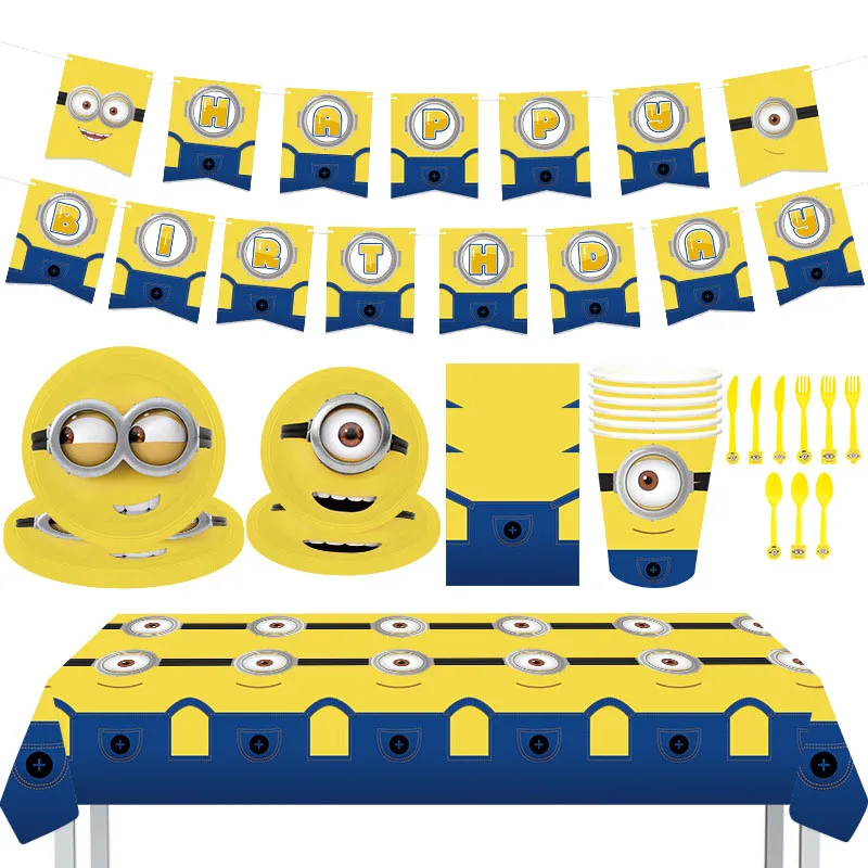 Cartoon Minions Theme Birthday Party Decoration Disposable Tableware Cup Plate Balloons Background Supplies Photo Shoot Prop Gif