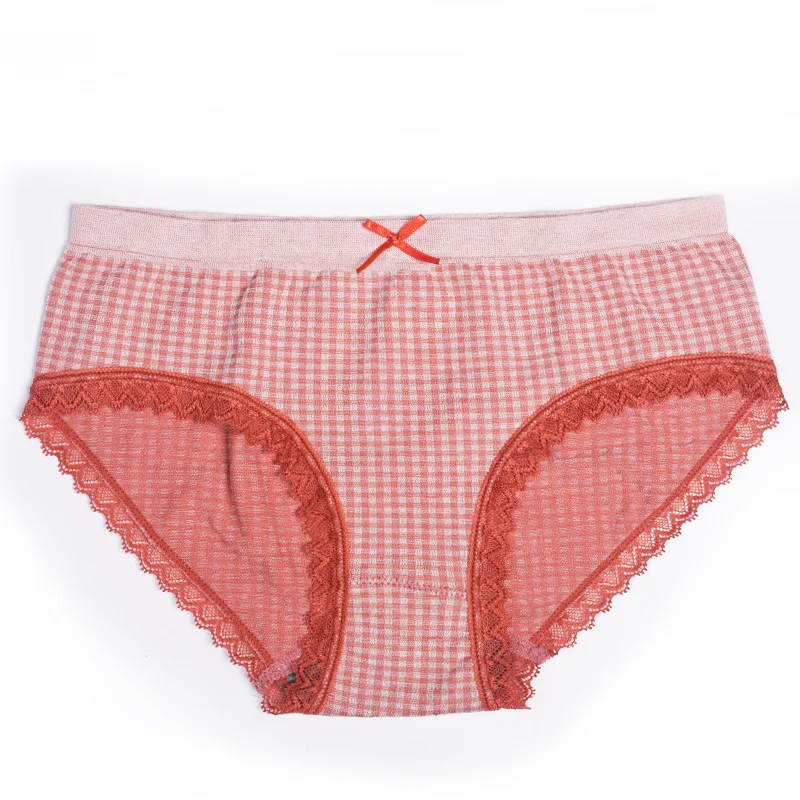 Checkered Sexy Mid Waist Antibacterial Pure Cotton Crotch Lace Oversized Underwear for Women