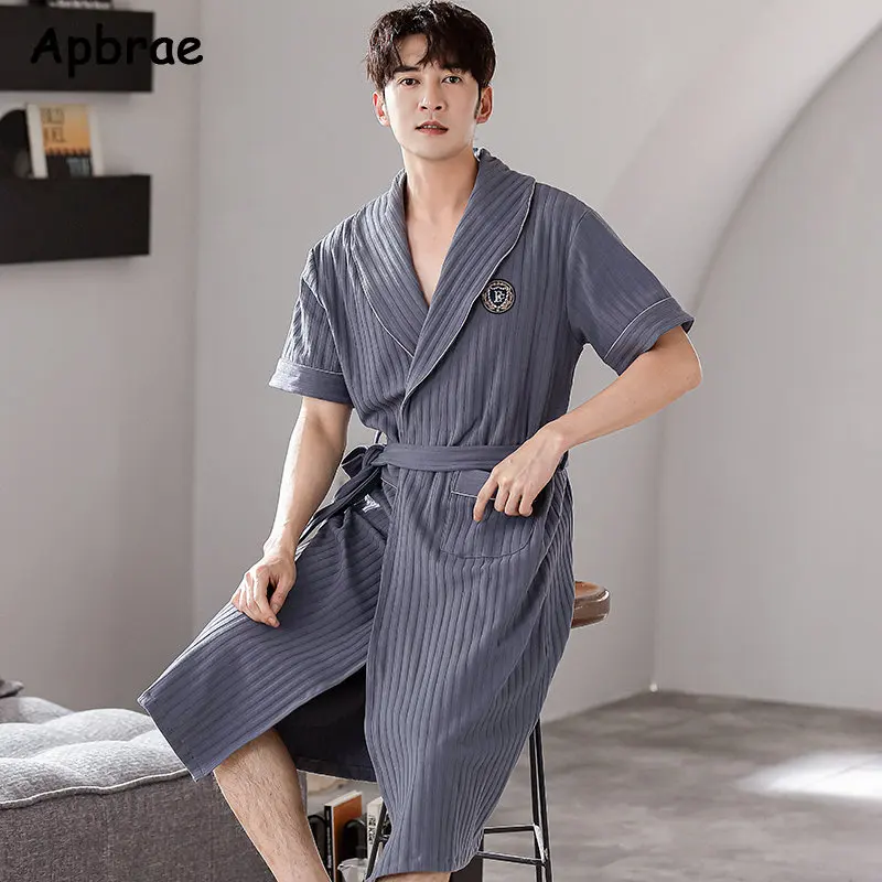 Apbrae New Summer Men's Soft Cotton Bathrobe Dark Grey Half Sleeve Solid Robe Big Size 4XL Fashion Elegant Kimono for Gentleman