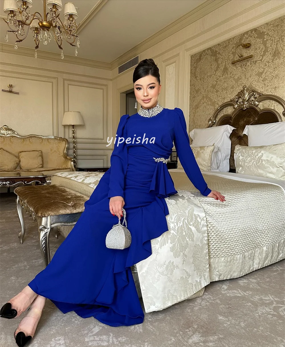 Customized Matching Modern Style Jersey Rhinestone Pleat Draped Straight High Collar Long Dresses Bespoke Occasion Dresses Sexy